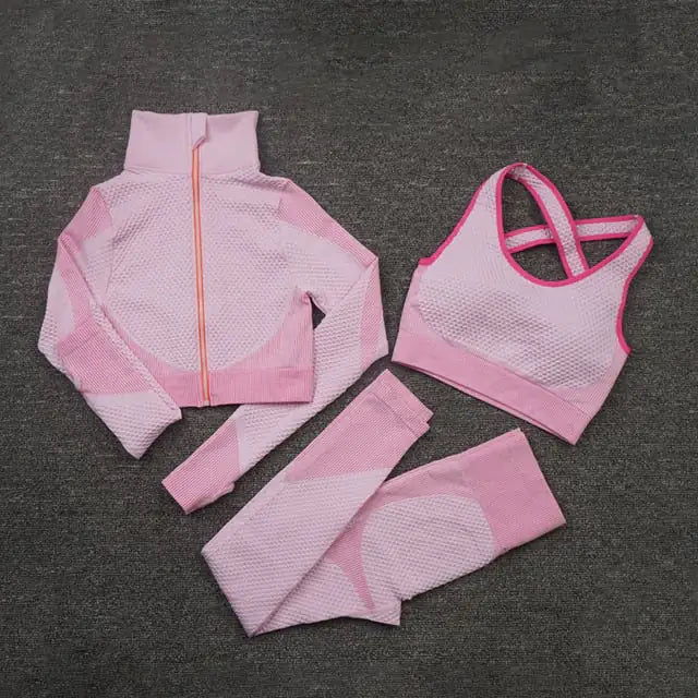 Seamless Sports Suits 3PcsSetDarkPink S