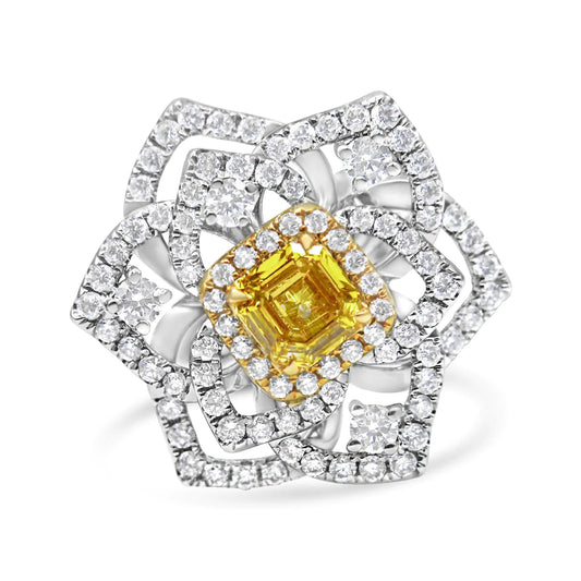 18K White and Yellow Gold 1.75 Cttw Yellow Asscher Lab Grown Center Diamond Floral Cluster Ring (Yellow/G-H Color, VS1-VS2 Clarity)