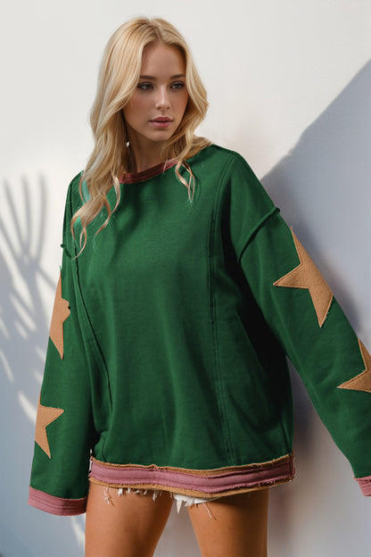 Double Take Star Patched Long Sleeve Sweatshirt Dark Green