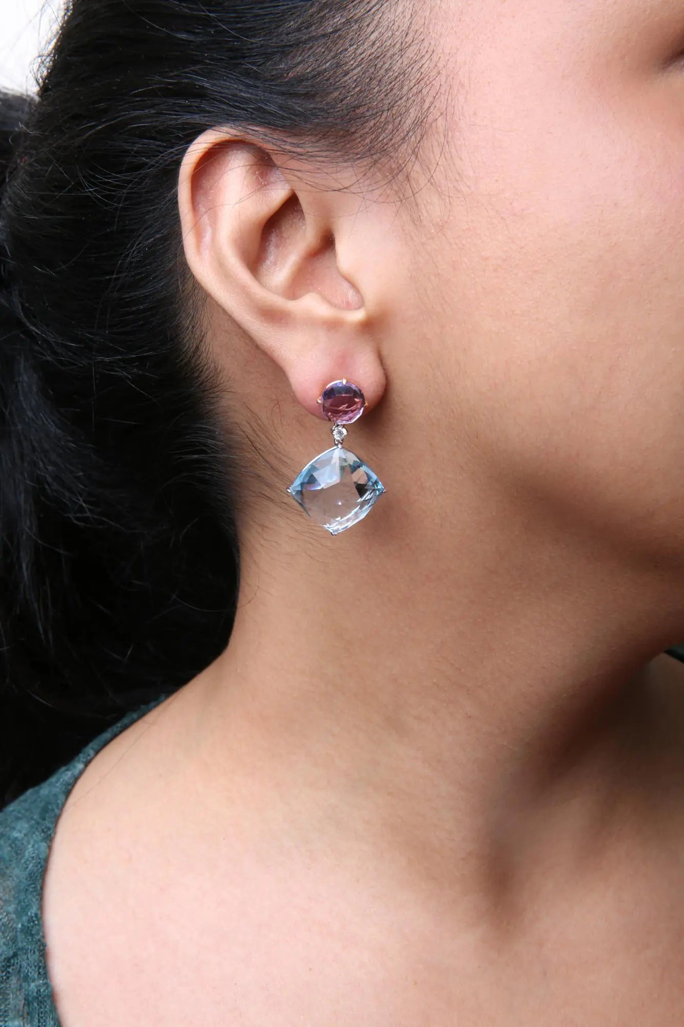 18K White and Rose Gold 1/5 Cttw Diamond with Round Pink Rose De France Amethyst and 25mm Cushion Cut Sky Blue Topaz Gemstone Dangle Earring (G-H Color, SI1-SI2 Clarity)