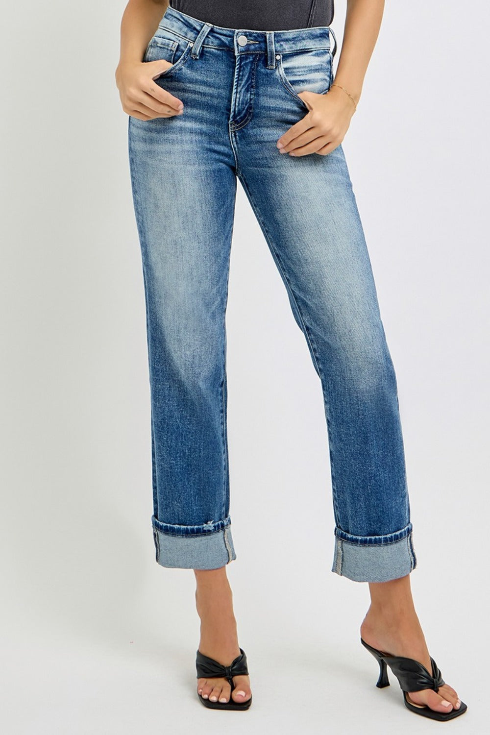 RISEN Full Size High Rise Crop Straight Roll Up Jeans Medium