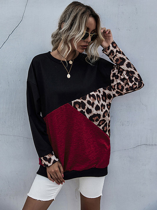 Perfee Leopard Contrast Long Sleeve Sweatshirt Burgundy