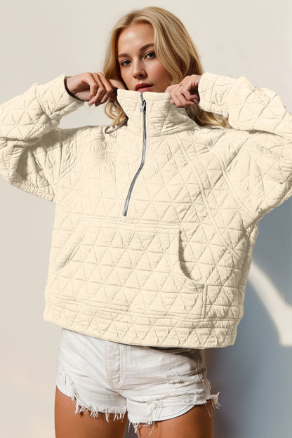 Double Take Half Zip Long Sleeve Quilted Sweatshirt with Pocket Cream