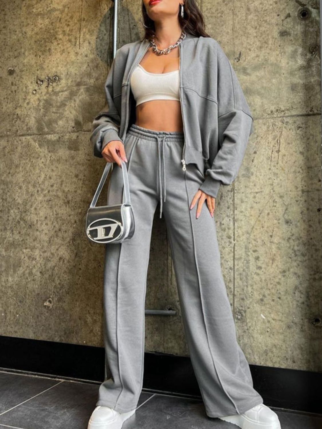 Baseball Collar Zip Up Top and Drawstring Paants Set Gray