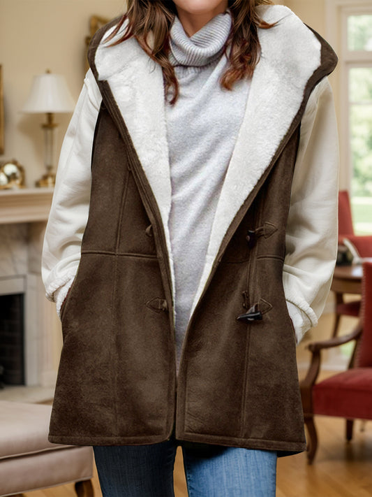 Fuzzy Hooded Vest Coat with Pockets Dark Brown