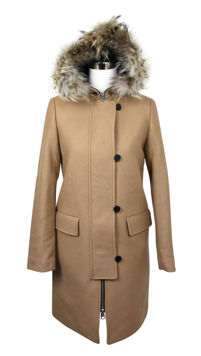 Sandro Women's Camel Kurt Wool Coat Fur Trim Hood