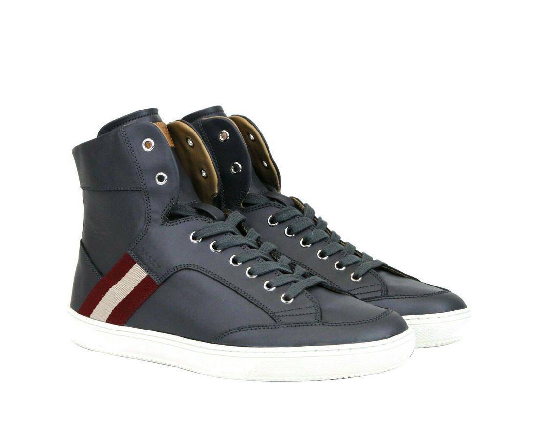 Bally Dark Grey Calf Leather Hi Top Sneaker With Red Beige