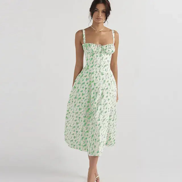 Summer Floral A-line Dress Green Leaves White S