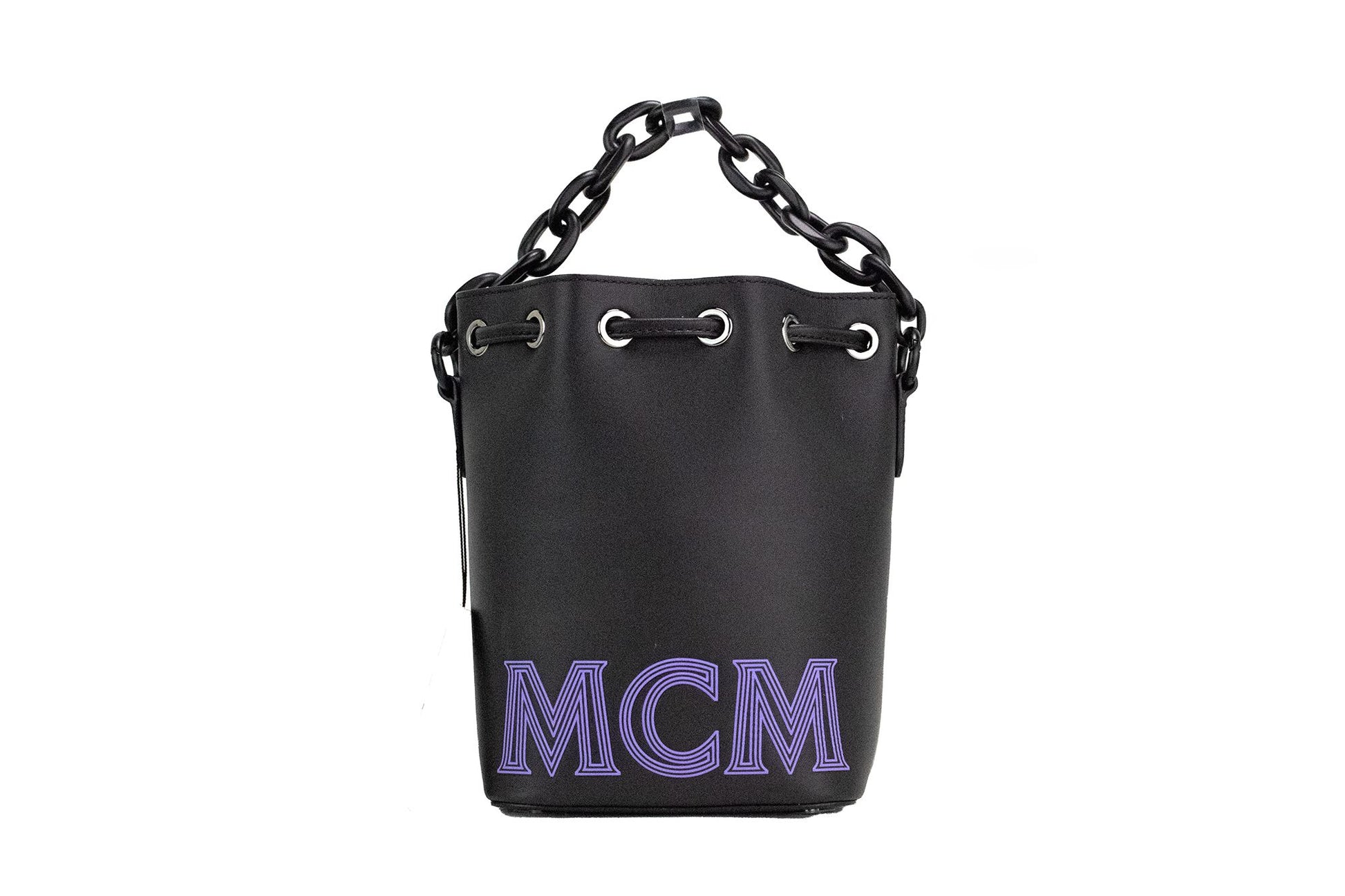 MCM Mini Black Purple Smooth Leather Chain Shoulder Drawstring Bucket Handbag