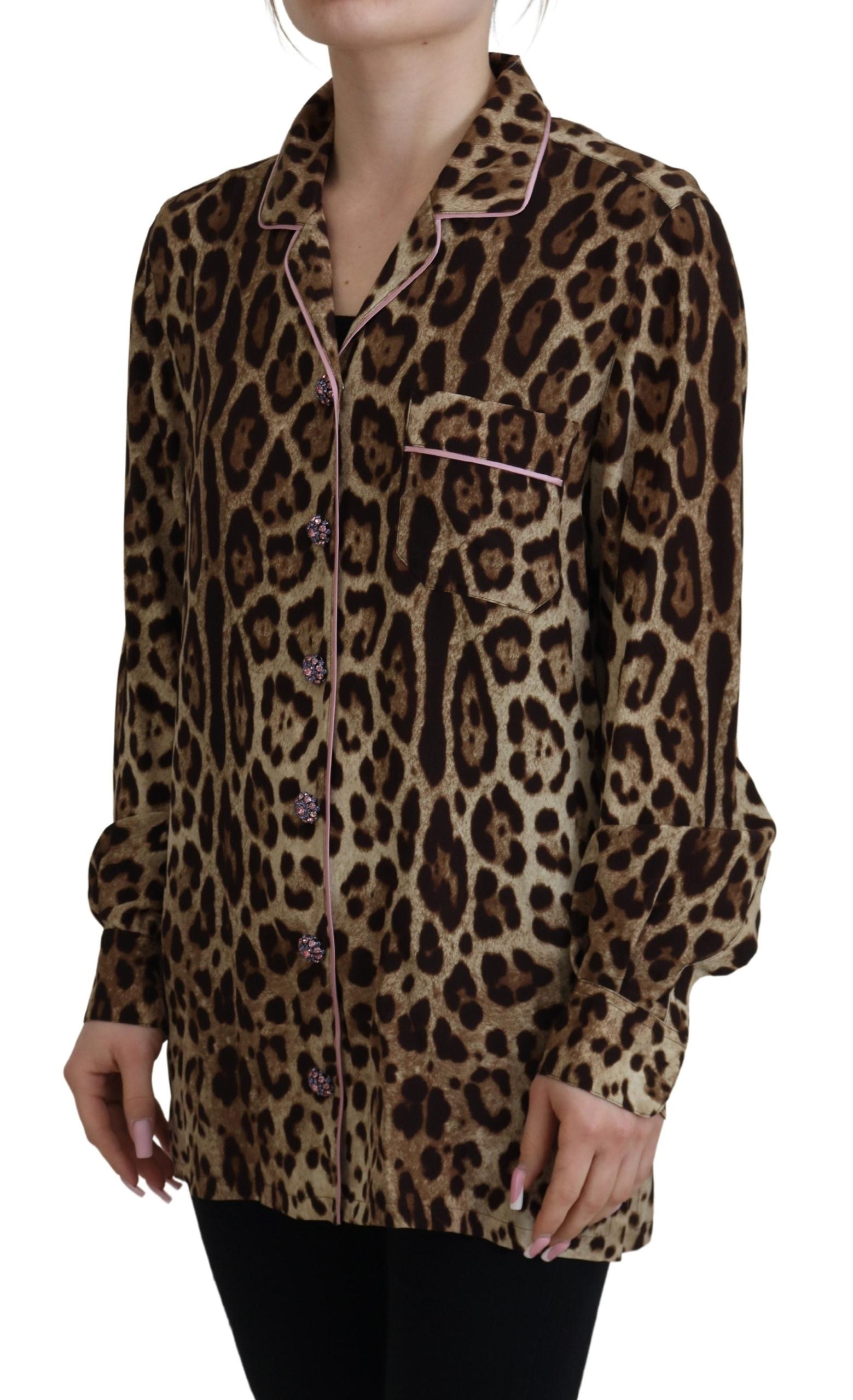 Dolce & Gabbana Elegant Silk Leopard Print Collared Top