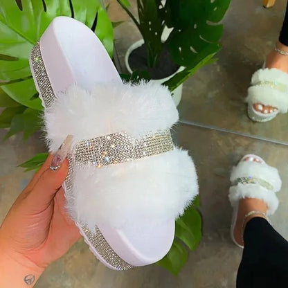 Luxury Designer Women Fur Rhinestone Slippers White 5