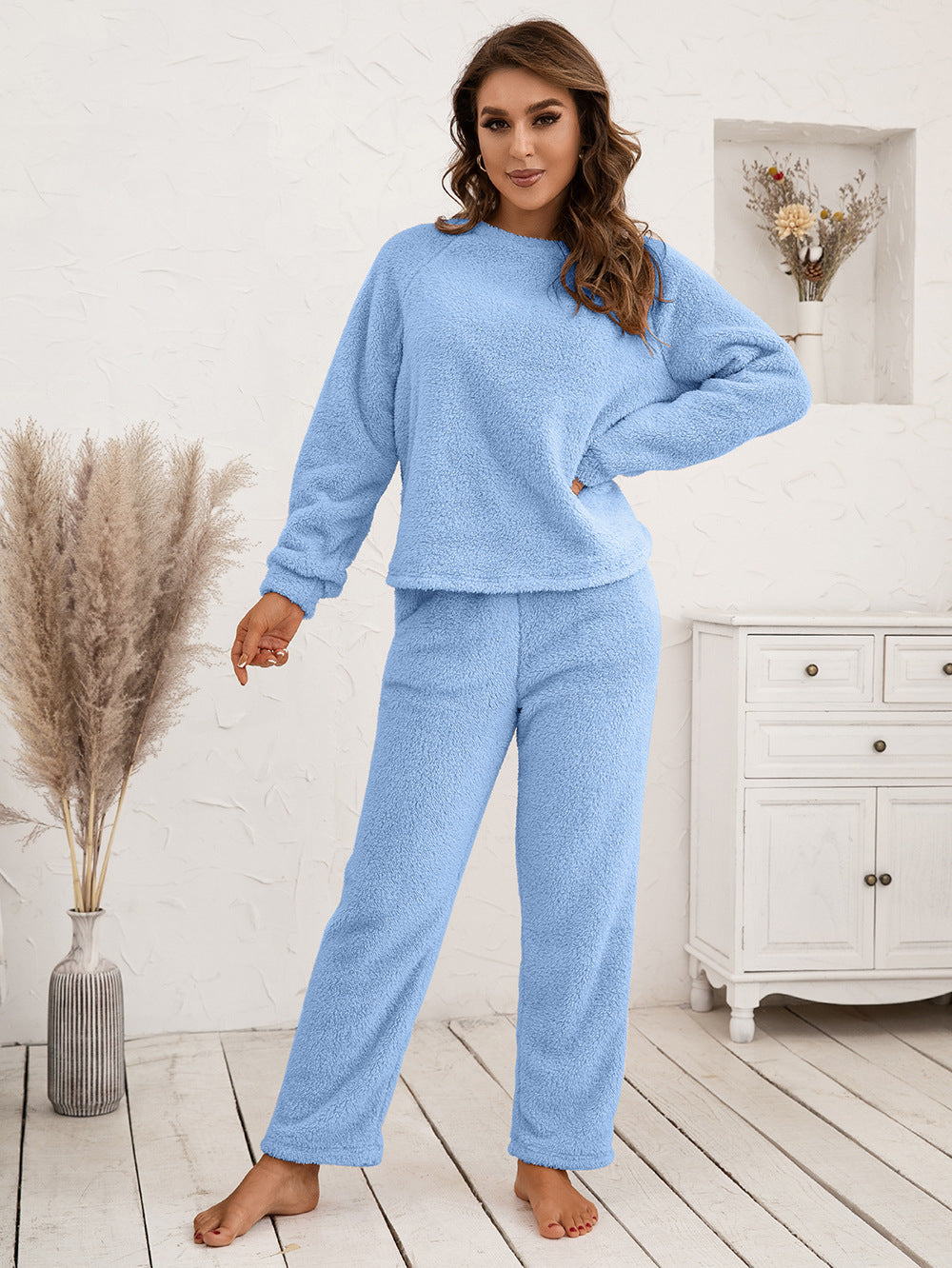 Ivy Lane Teddy Long Sleeve Top and Pants Lounge Set Light Blue