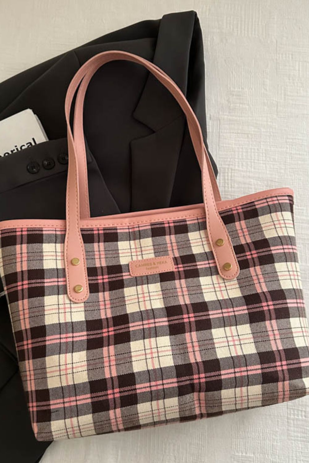 Plaid PU Leather Tote Bag Pink One Size