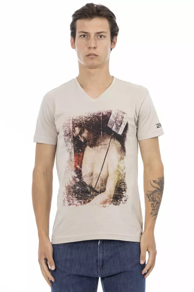 Trussardi Action Beige Cotton Men V-Neck T-Shirt