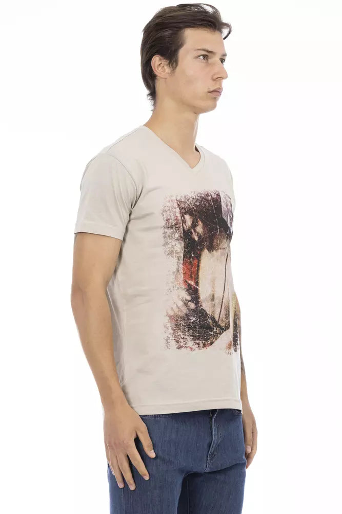 Trussardi Action Beige Cotton Men V-Neck T-Shirt