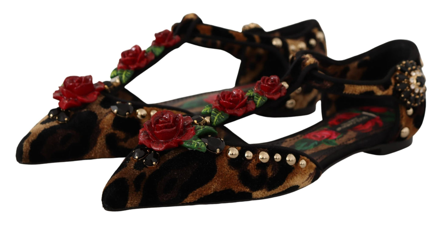 Dolce & Gabbana Floral Embellished Leopard T-Strap Sandals