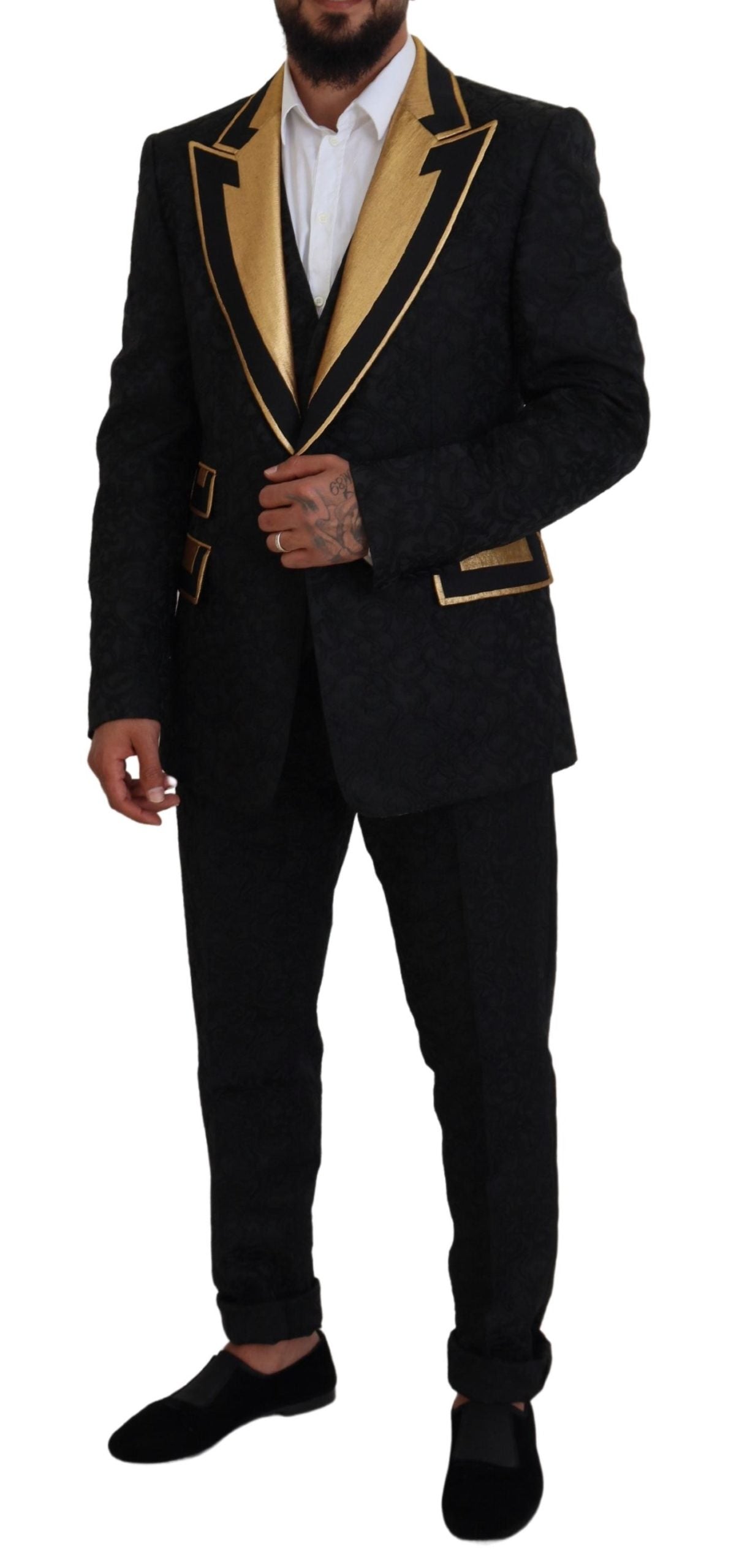 Dolce & Gabbana Elegant Black & Gold Slim Fit 3 Piece Suit