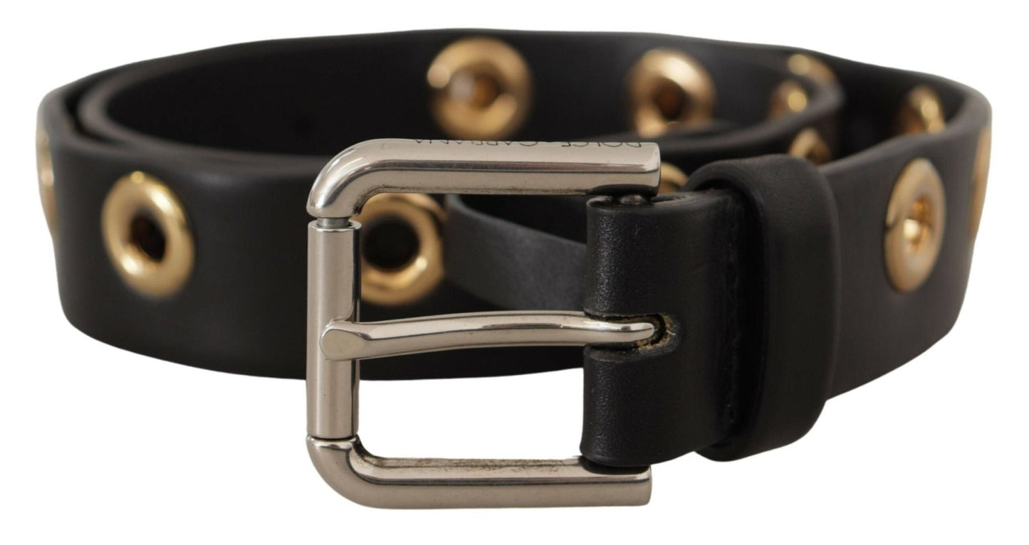 Dolce & Gabbana Chic Black Leather Belt with Engraved Buckle