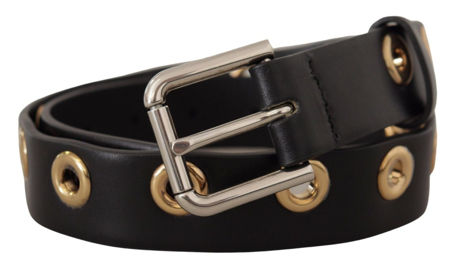 Dolce & Gabbana Chic Black Leather Belt with Engraved Buckle