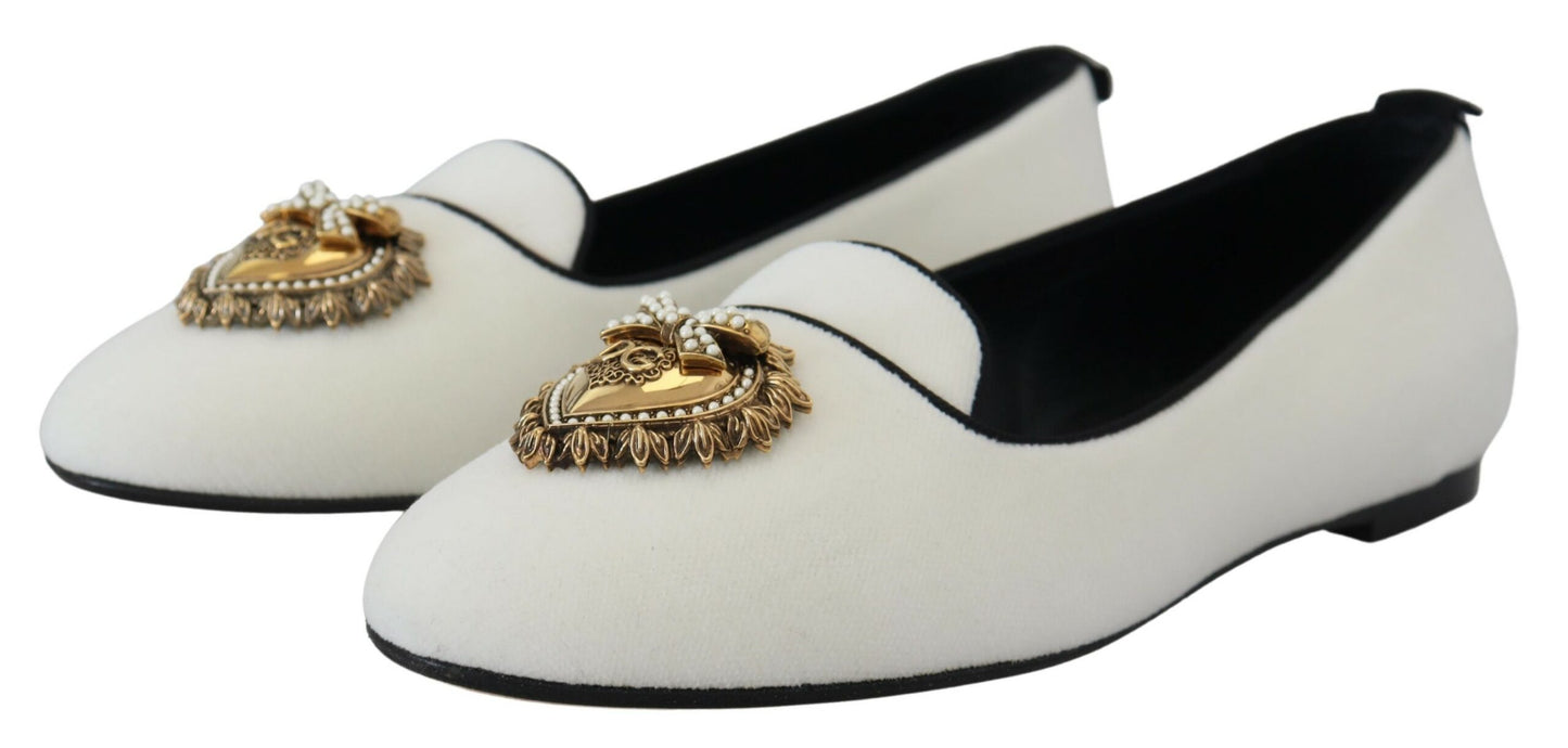 Dolce & Gabbana Elegant White Velvet Loafers with Gold Heart Detail