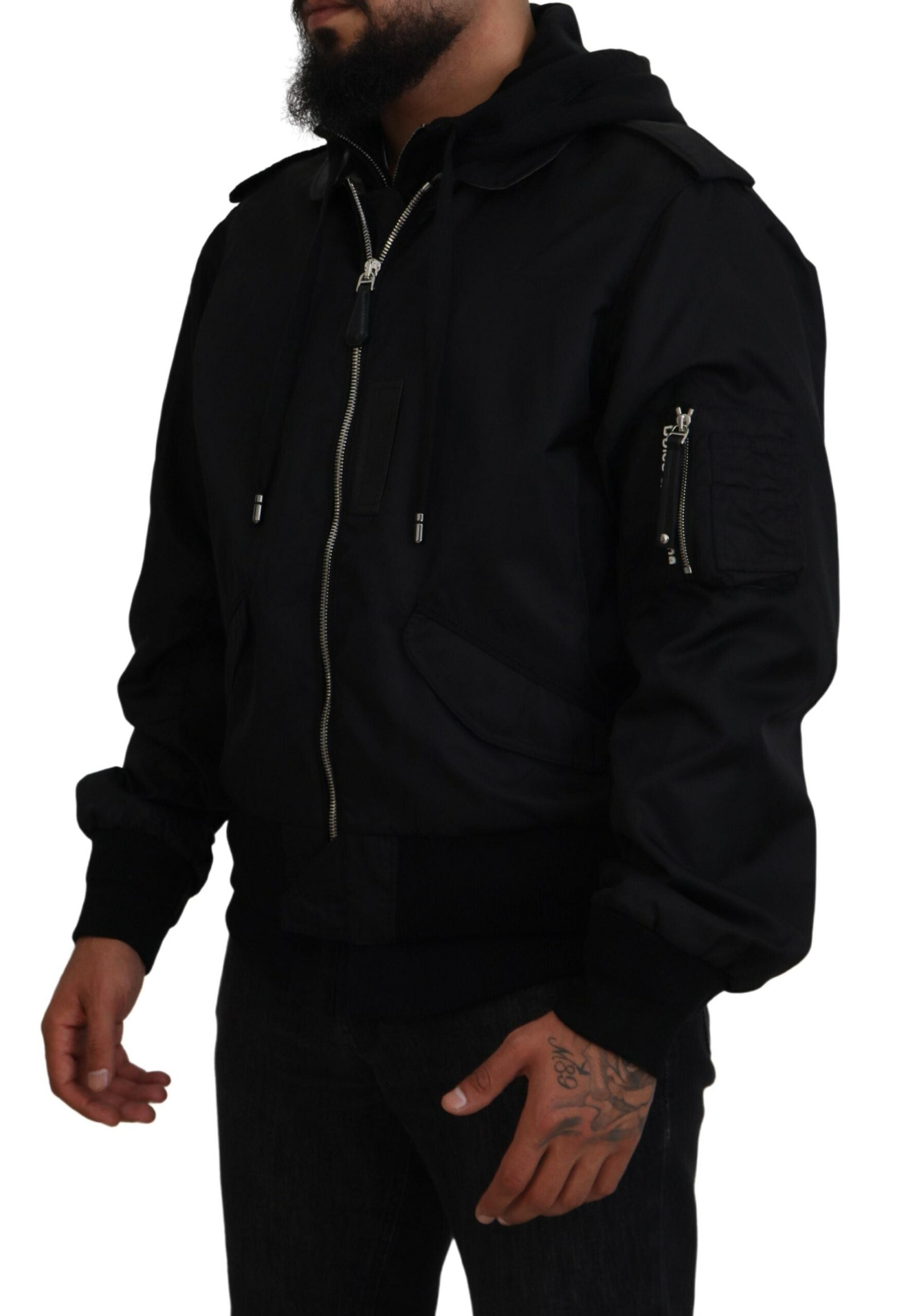 Dolce & Gabbana Sleek Black Hooded Bomber Jacket