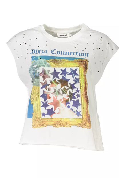 Desigual Chic Sleeveless White Tee with Print & Contrast Details