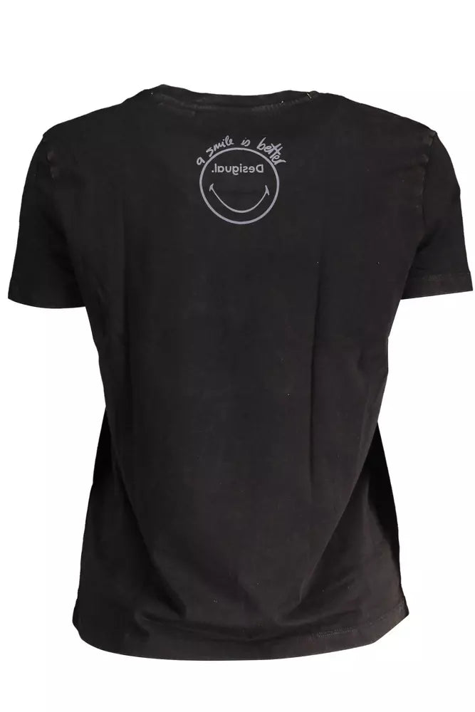 Desigual Chic Black Printed Cotton Tee with Logo