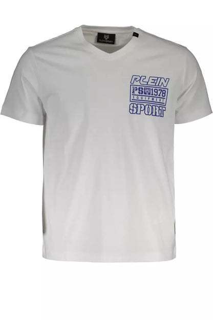 Plein Sport White V-Neck Logo Tee with Print Detail