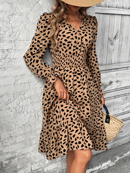 Smocked Printed Surplice Flounce Sleeve Midi Dress Tan