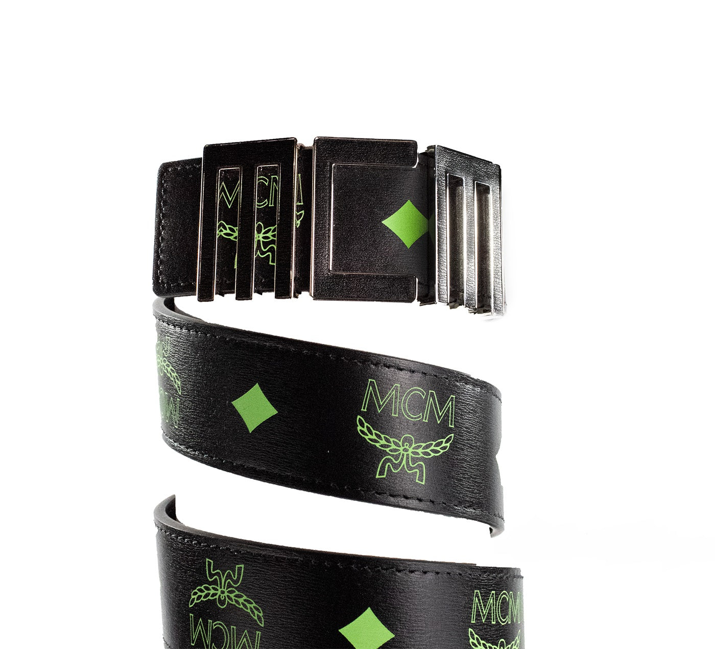 MCM Claus Mens Summer Green Smooth Visetos Logo Leather Numeric Buckle Belt