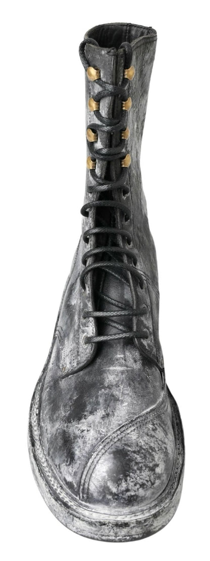 Dolce & Gabbana Chic Black Lace-Up Boots with Gray White Fade