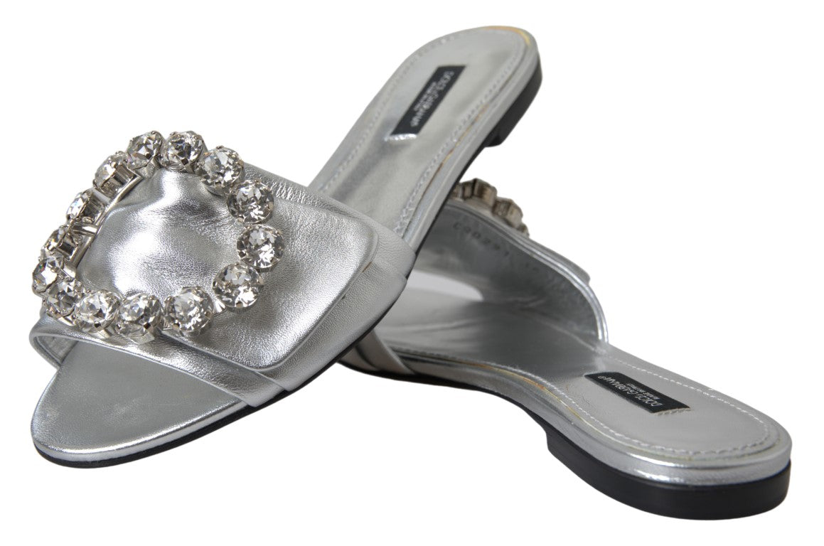 Dolce & Gabbana Crystal-Embellished Silver Leather Slides