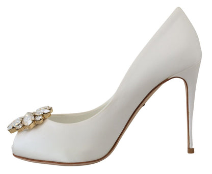 Dolce & Gabbana Crystal-Embellished White Peep Toe Heels