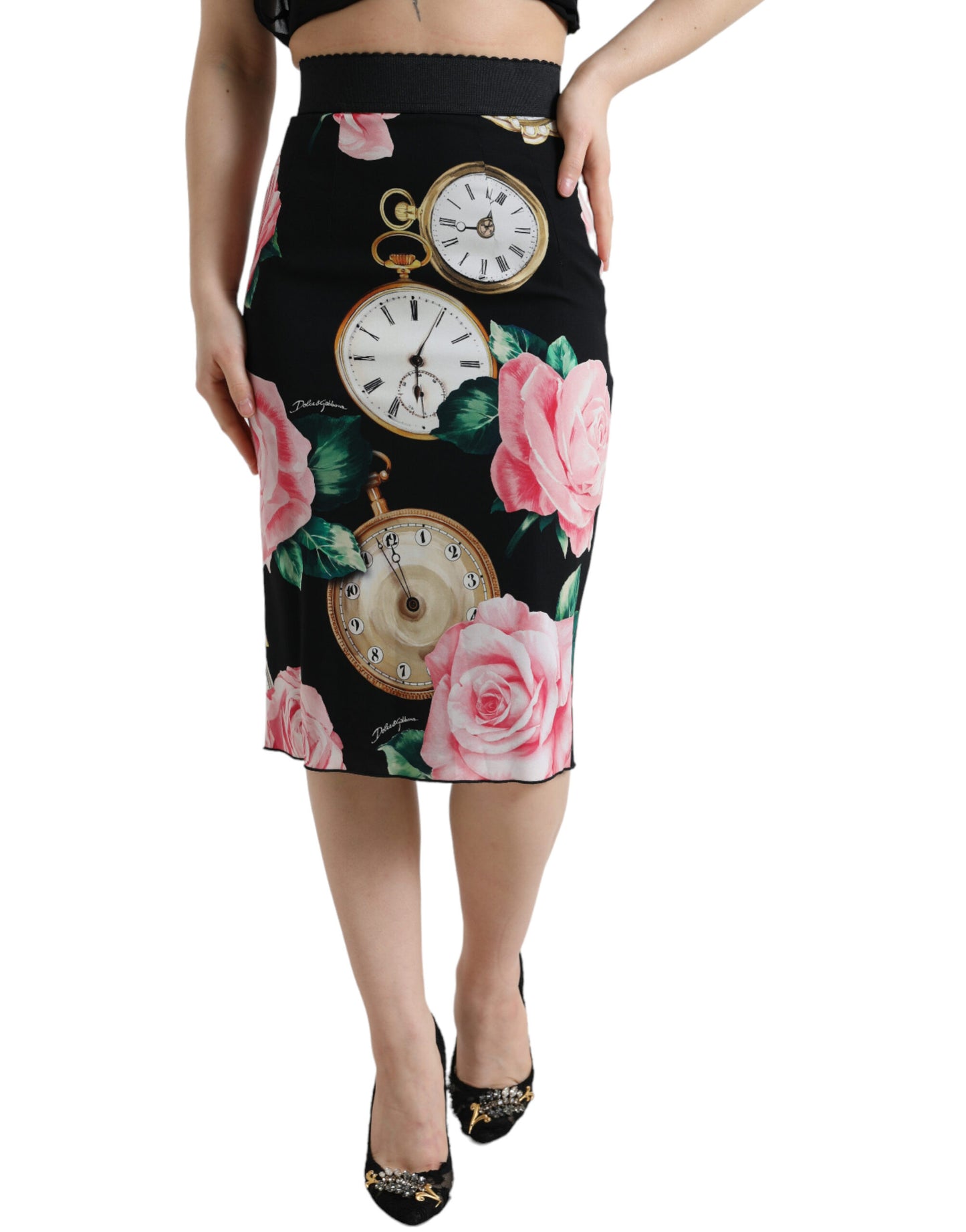 Dolce & Gabbana High Waist Silk Pencil Midi Skirt with Floral Print