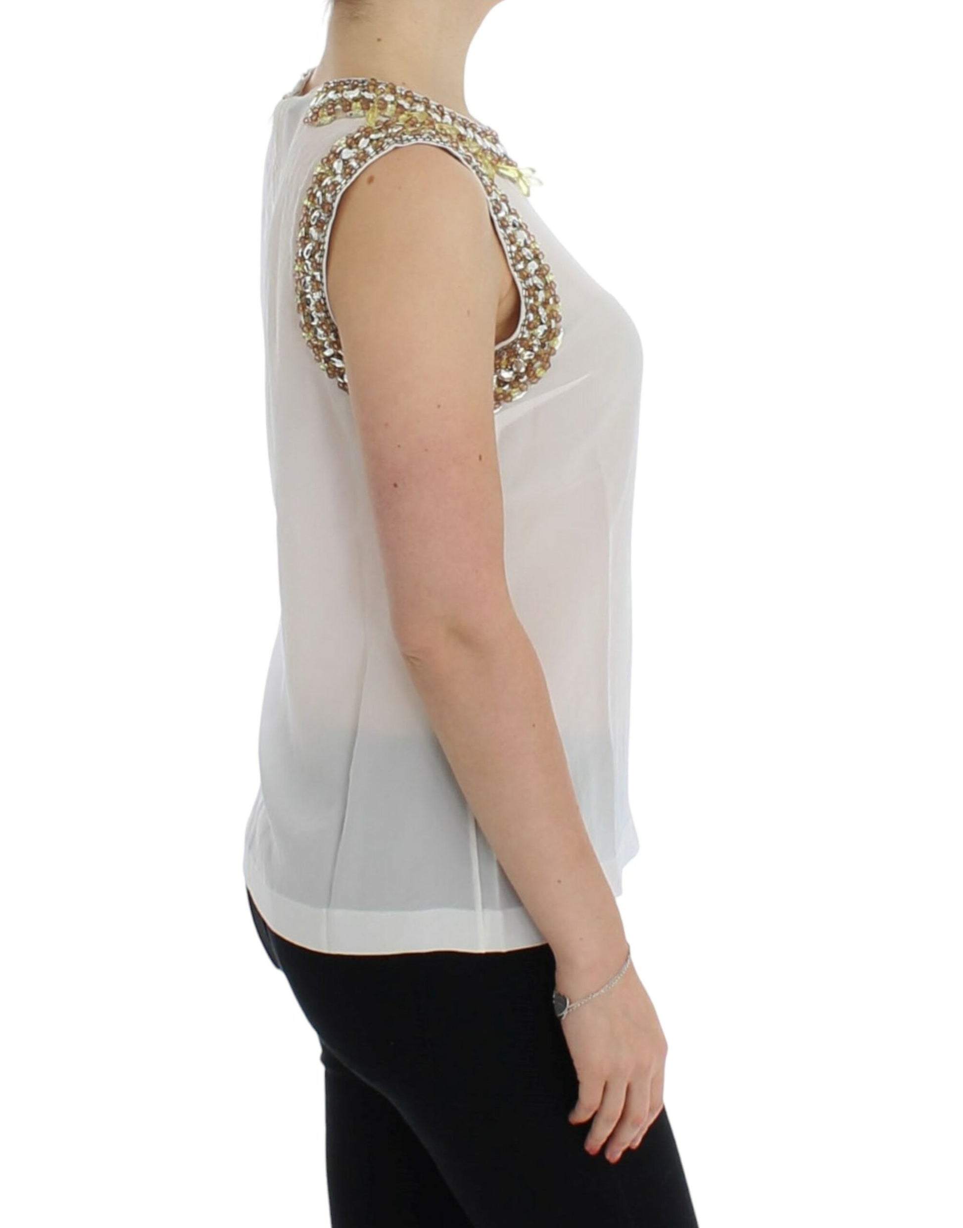 Dolce & Gabbana Elegant Sleeveless Silk Blouse with Crystal Embellishment