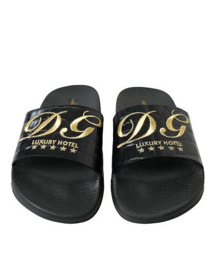 Dolce & Gabbana Elegant Black and Gold Leather Slides