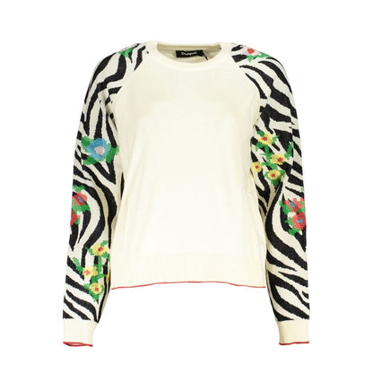 Desigual Elegant White Crew Neck Sweater with Contrast Details