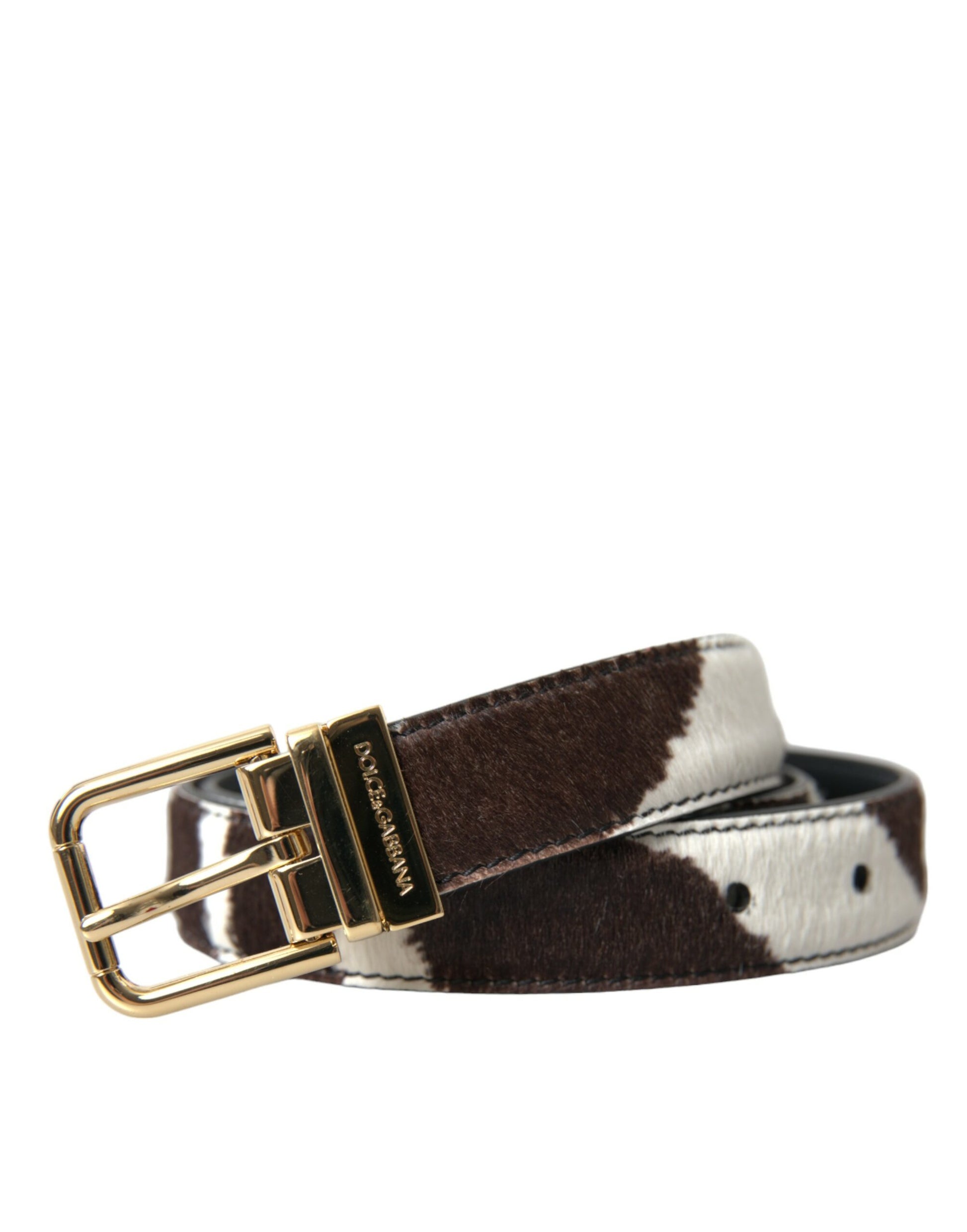 Dolce & Gabbana Brown White Zebra Pony Hair Gold Buckle Belt