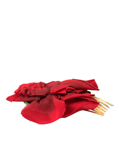 Dolce & Gabbana Red Silk Floral Gold Brass Women Hair Comb