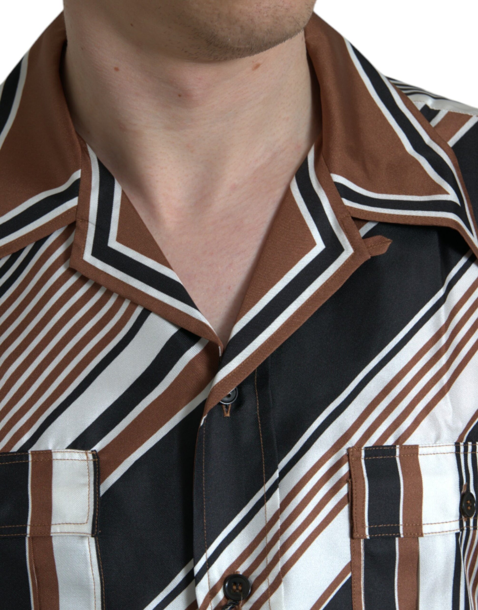 Dolce & Gabbana Brown White Silk Striped Short Sleeve Shirt