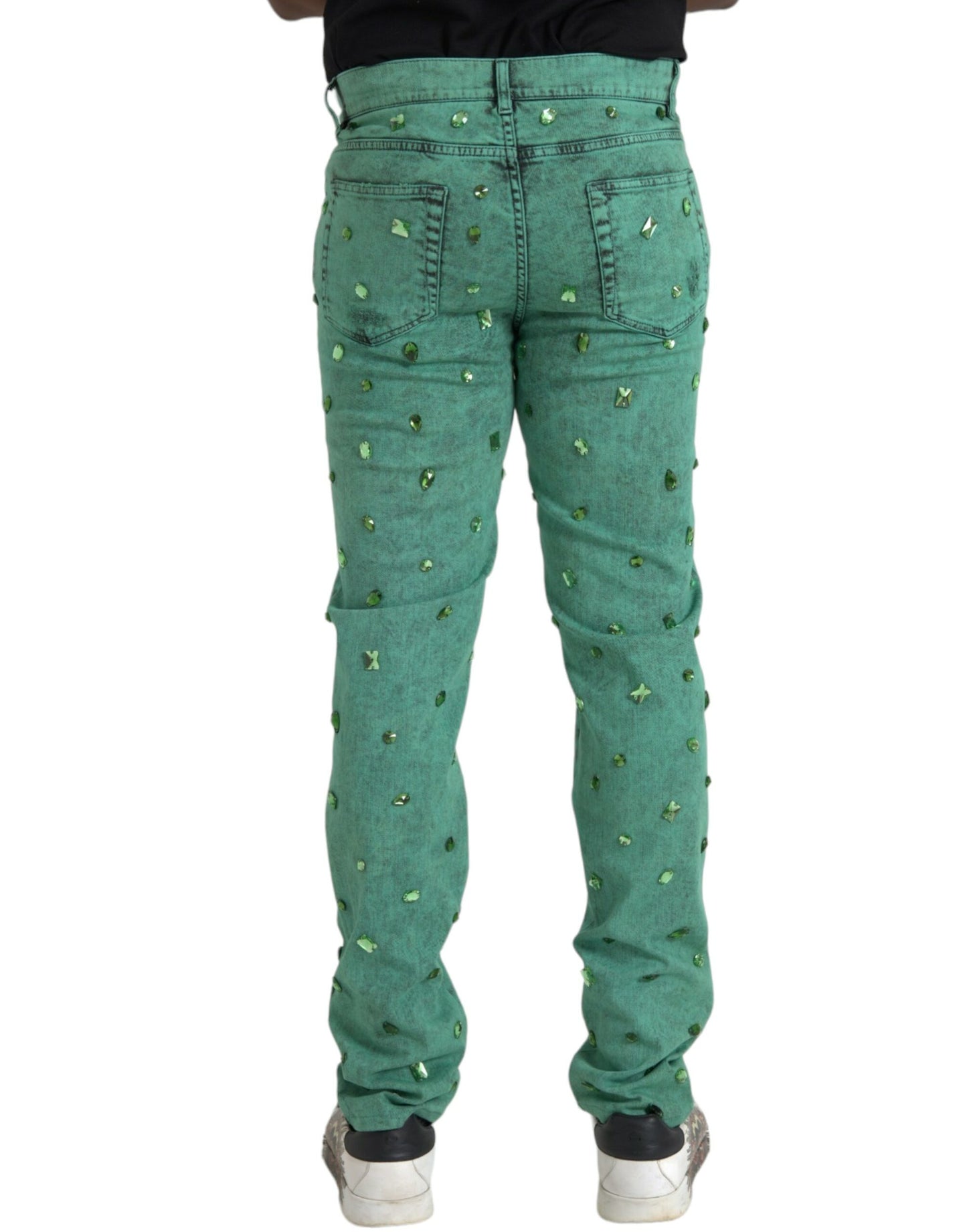 Dolce & Gabbana Green Crystals Cotton Stretch Slim Jeans