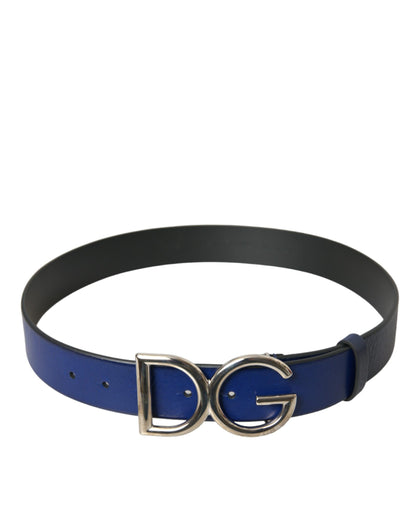 Dolce & Gabbana Blue Leather Silver Metal Logo Buckle Belt Men