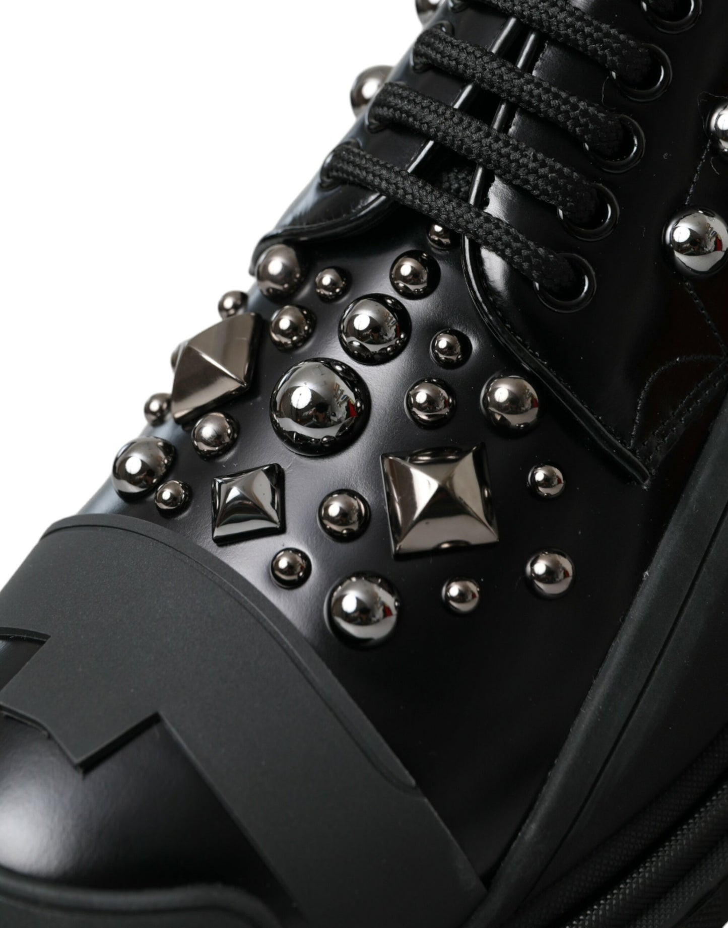 Dolce & Gabbana Black Leather Studded Trekking Sneakers Shoes