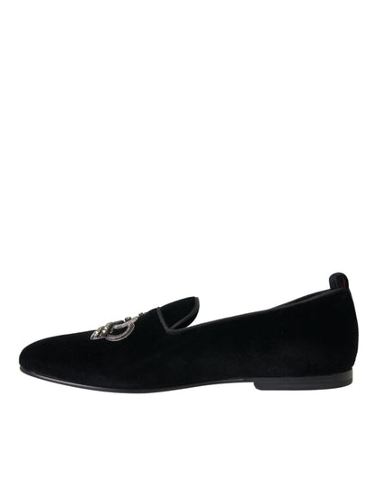 Dolce & Gabbana Black Velvet Crystal Crown Men Loafers Shoes