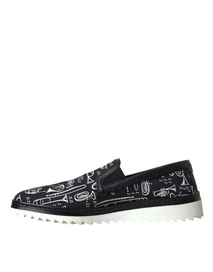 Dolce & Gabbana Black Instrument Print Slip On Loafers Shoes