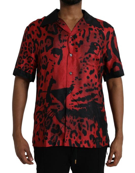 Dolce & Gabbana Red Leopard Silk Button Down Casual Shirt