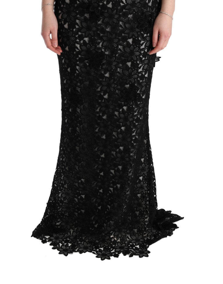 Dolce & Gabbana Elegant Black Maxi Shift Dress with Floral Applique