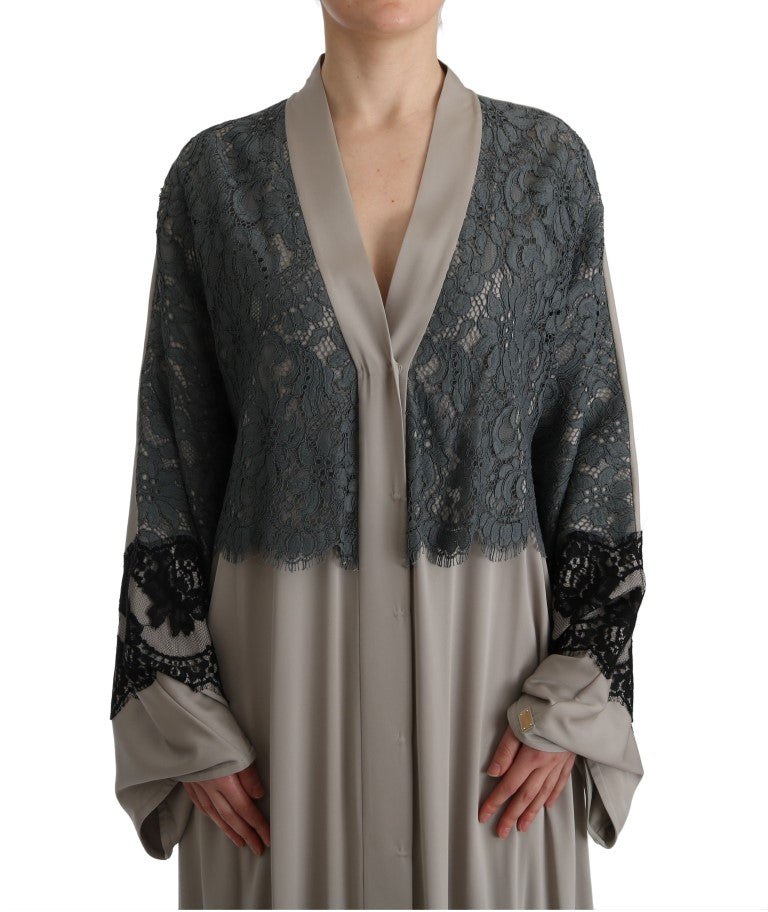 Dolce & Gabbana Elegant Gray Cape Kaftan Dress with Lace Detail