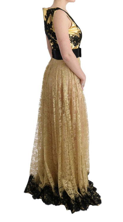 Dolce & Gabbana Elegant Gold Floral Lace Gown Dress