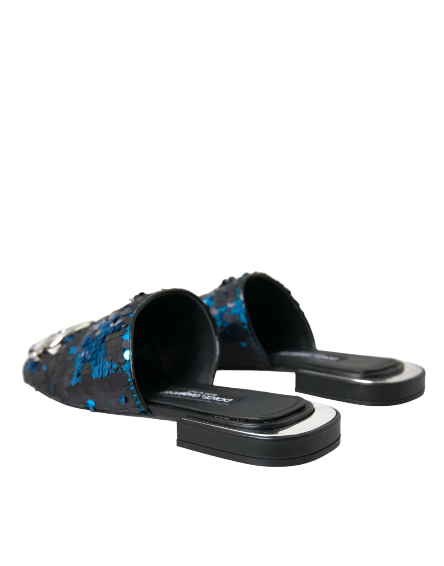 Dolce & Gabbana Blue Sequin Logo Slides Sandals Shoes